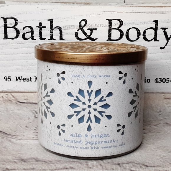 BATH & BODY WORKS        'TWISTED PEPPERMINT' 3-WICK CANDLE 'CALM & BRIGHT' - Picture 1 of 7